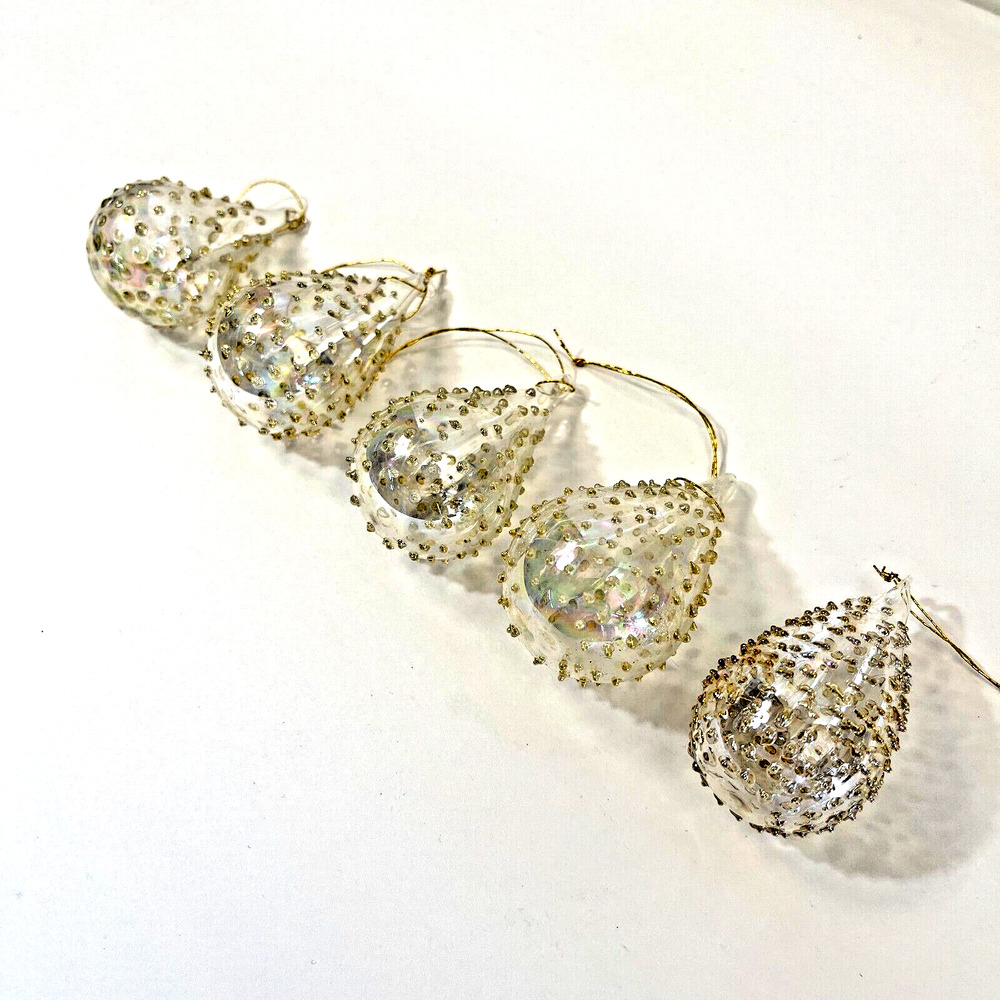 Lot of 5 Vintage Teardrop Glass Push Pin Ornaments w/ Trim Beads – 2" Holiday